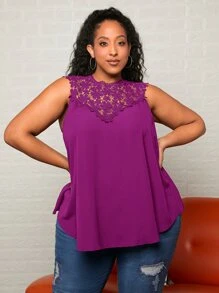 SHEIN CURVE+ Plus Guipure Lace Yoke Tank Top - Red Violet - View 2