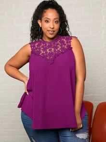SHEIN CURVE+ Plus Guipure Lace Yoke Tank Top - Red Violet - View 6