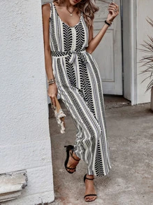 SHEIN LUNE Geo Print Belted Tank Jumpsuit - Black and White - View 4