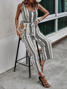 SHEIN LUNE Geo Print Belted Tank Jumpsuit - Black and White - View 5