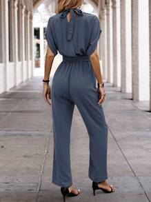 SHEIN LUNE Solid Batwing Sleeve Belted Jumpsuit - Dusty Blue - View 2