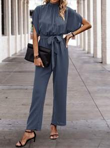 SHEIN LUNE Solid Batwing Sleeve Belted Jumpsuit - Dusty Blue - View 3