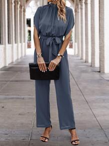 SHEIN LUNE Solid Batwing Sleeve Belted Jumpsuit - Dusty Blue - View 4