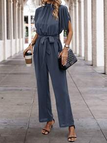 SHEIN LUNE Solid Batwing Sleeve Belted Jumpsuit - Dusty Blue - View 5