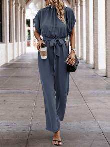 SHEIN LUNE Solid Batwing Sleeve Belted Jumpsuit - Dusty Blue - View 6