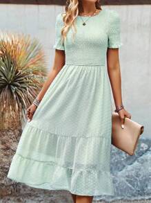 SHEIN VCAY 圓點打褶荷葉袖荷葉邊連衣裙 - 薄荷綠 - 查看 1