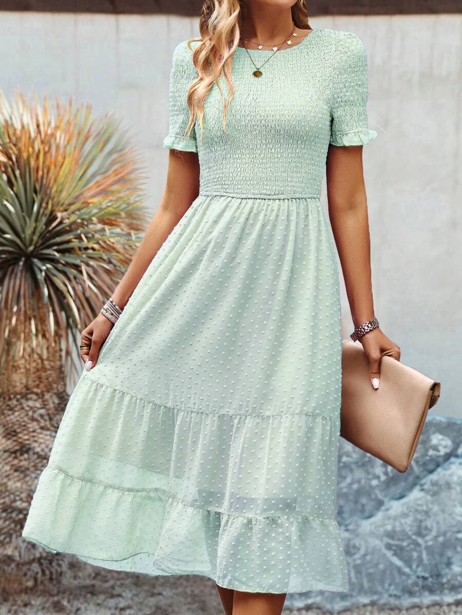 SHEIN VCAY 圓點打褶荷葉袖荷葉邊連衣裙 - 薄荷綠 - 查看 1