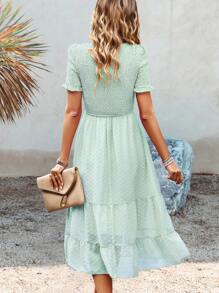 SHEIN VCAY 圓點打褶荷葉袖荷葉邊連衣裙 - 薄荷綠 - 查看 2