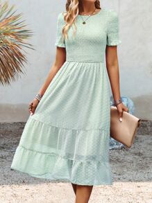 SHEIN VCAY 圓點打褶荷葉袖荷葉邊連衣裙 - 薄荷綠 - 查看 4