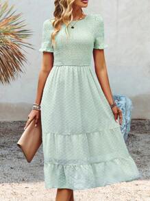 SHEIN VCAY 圓點打褶荷葉袖荷葉邊連衣裙 - 薄荷綠 - 查看 5