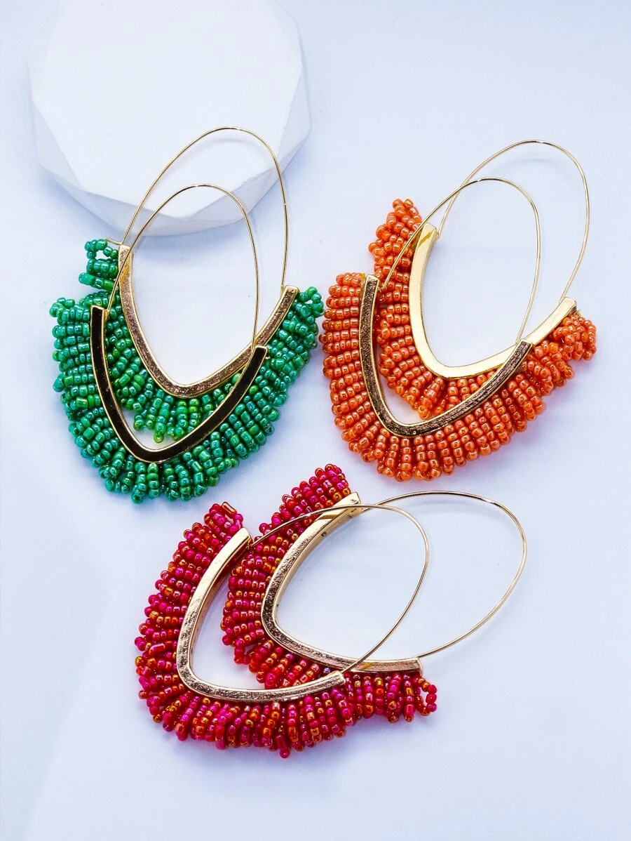 1雙手工製作針織米釘珠流蘇懸垂耳環適合女士,假期旅行派對首飾類 - 彩色 - 查看 1