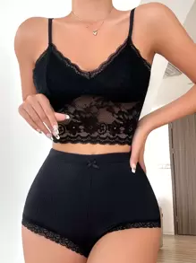 Contrast Lace Cami Top & Bow Front Shorts PJ Set / Pajama Set - Black - View 1