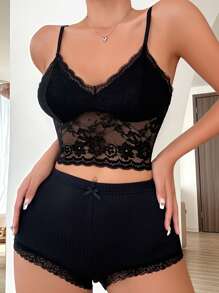 Contrast Lace Cami Top & Bow Front Shorts PJ Set / Pajama Set - Black - View 3