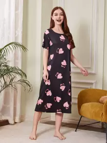 心形印花睡衣 - 黑色 - 查看 5