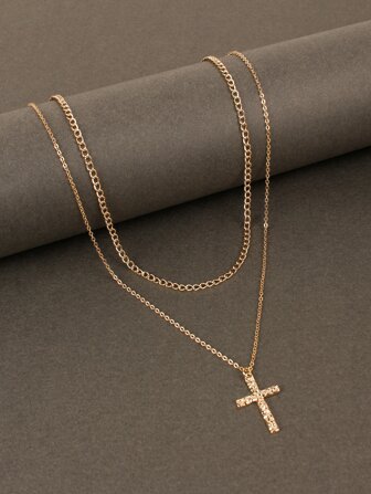 1pc Women Necklace With Fashionable Double Chain Cross & Heart Pendant