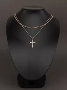 1pc Women Necklace With Fashionable Double Chain Cross & Heart Pendant - Yellow Gold - View 2