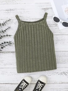 SHEIN Tank Tops & Camis Bé Gái Gân đan màu trơn Giải trí - xanh quân đội - Xem 1