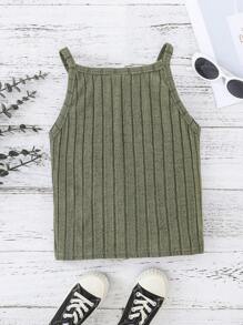 SHEIN Tank Tops & Camis Bé Gái Gân đan màu trơn Giải trí - xanh quân đội - Xem 2