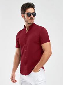 Manfinity VCAY Hombres Camisa unicolor con botón - Burdeos - Ver 1