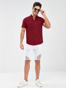 Manfinity VCAY Hombres Camisa unicolor con botón - Burdeos - Ver 3