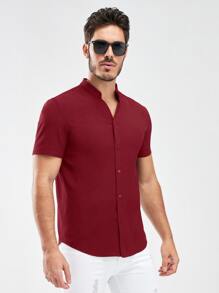 Manfinity VCAY Hombres Camisa unicolor con botón - Burdeos - Ver 4