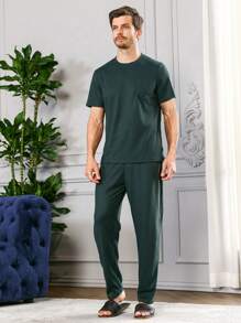男士素色T恤和褲子睡衣套裝 - 墨綠色 - 查看 1