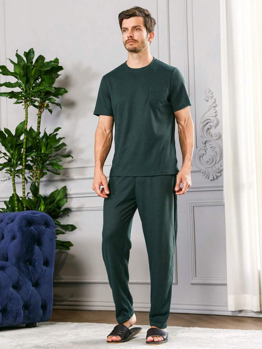 男士素色T恤和褲子睡衣套裝 - 墨綠色 - 查看 1