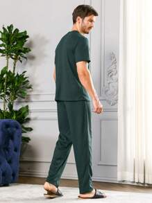 男士素色T恤和褲子睡衣套裝 - 墨綠色 - 查看 2