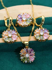 5入組/套方晶鋯石花朵裝飾首飾套裝 - 彩色 - 查看 4