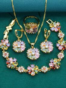 5入組/套方晶鋯石花朵裝飾首飾套裝 - 彩色 - 查看 5