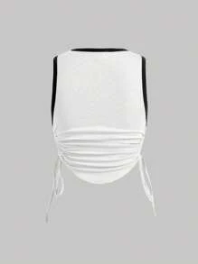 SHEIN MOD Letter & Dog Print Drawstring Side Contrast Binding Tank Top - White - View 2