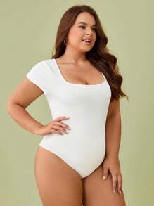 SHEIN BASICS Body Tipo Camiseta De Punto Acanalado Liso De Talla Grande - Blanco - Ver 3