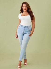 SHEIN BASICS Body Tipo Camiseta De Punto Acanalado Liso De Talla Grande - Blanco - Ver 4