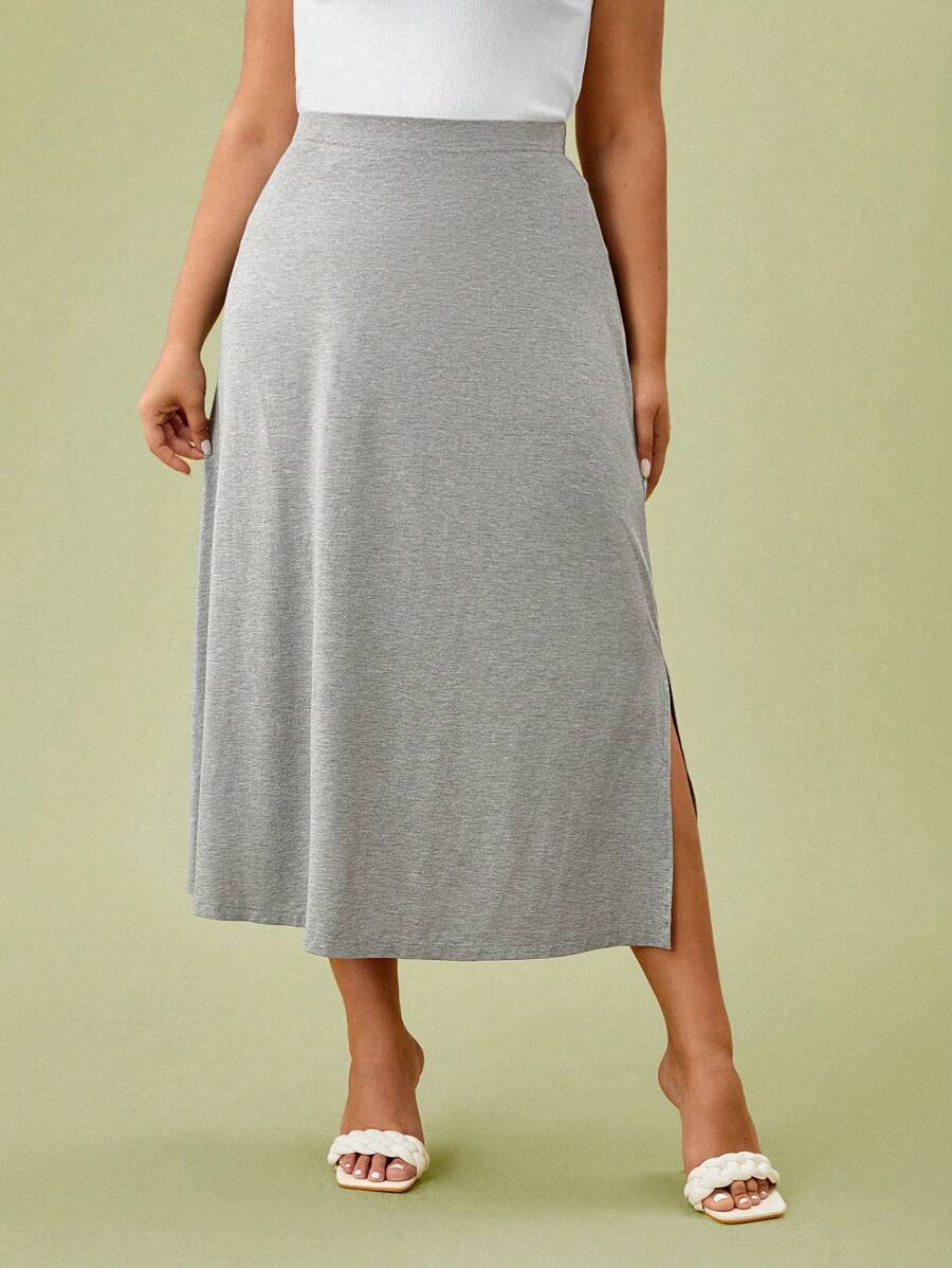 SHEIN BASICS 大碼素色高衩半身裙 - 淺灰色 - 查看 1