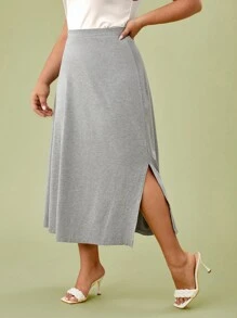 SHEIN BASICS 大碼素色高衩半身裙 - 淺灰色 - 查看 3