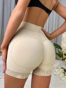 素色蕾絲邊拉鏈門襟短褲 - 杏色 - 查看 2