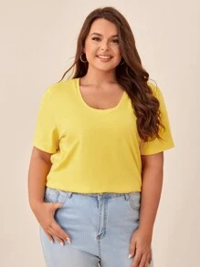 SHEIN BASICS Plus  Solid Scoop Neck Tee - Yellow - View 1