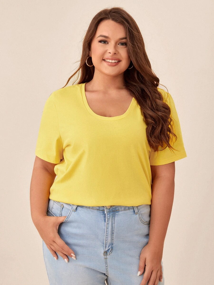SHEIN BASICS Plus  Solid Scoop Neck Tee - Yellow - View 1