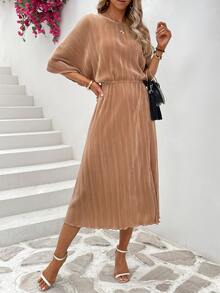 蝙蝠袖木耳邊下擺開叉褶皺連衣裙 - 咖啡棕 - 查看 4