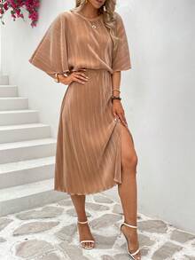 蝙蝠袖木耳邊下擺開叉褶皺連衣裙 - 咖啡棕 - 查看 5