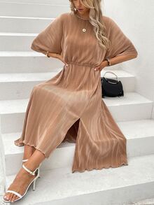 蝙蝠袖木耳邊下擺開叉褶皺連衣裙 - 咖啡棕 - 查看 6