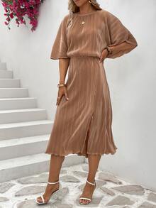 蝙蝠袖木耳邊下擺開叉褶皺連衣裙 - 咖啡棕 - 查看 7