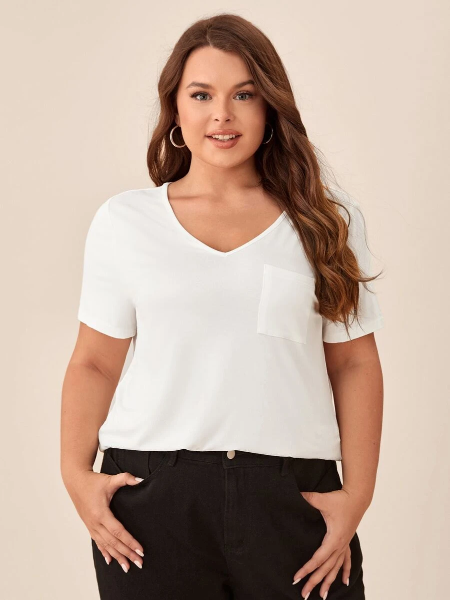 SHEIN BASICS 大碼素色口袋貼布T恤 - 白色 - 查看 1