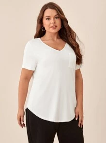 SHEIN BASICS 大碼素色口袋貼布T恤 - 白色 - 查看 3