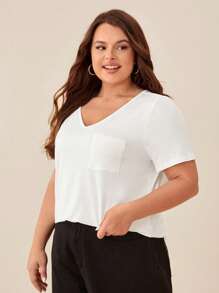 SHEIN BASICS 大碼素色口袋貼布T恤 - 白色 - 查看 4