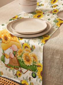 1 Piece Sunflower Gnome, Bee, Butterfly, Floral Simple Printed Linen Table Runner, Traditional Style Suitable For Daily Table Decoration Copyright Purchased - Multicolor - View 1