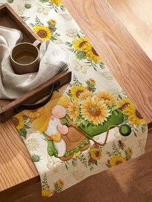 1 Piece Sunflower Gnome, Bee, Butterfly, Floral Simple Printed Linen Table Runner, Traditional Style Suitable For Daily Table Decoration Copyright Purchased - Multicolor - View 2
