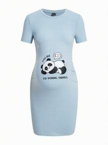 SHEIN Maternity Panda & Slogan Graphic Bodycon Dress - Baby Blue - View 1