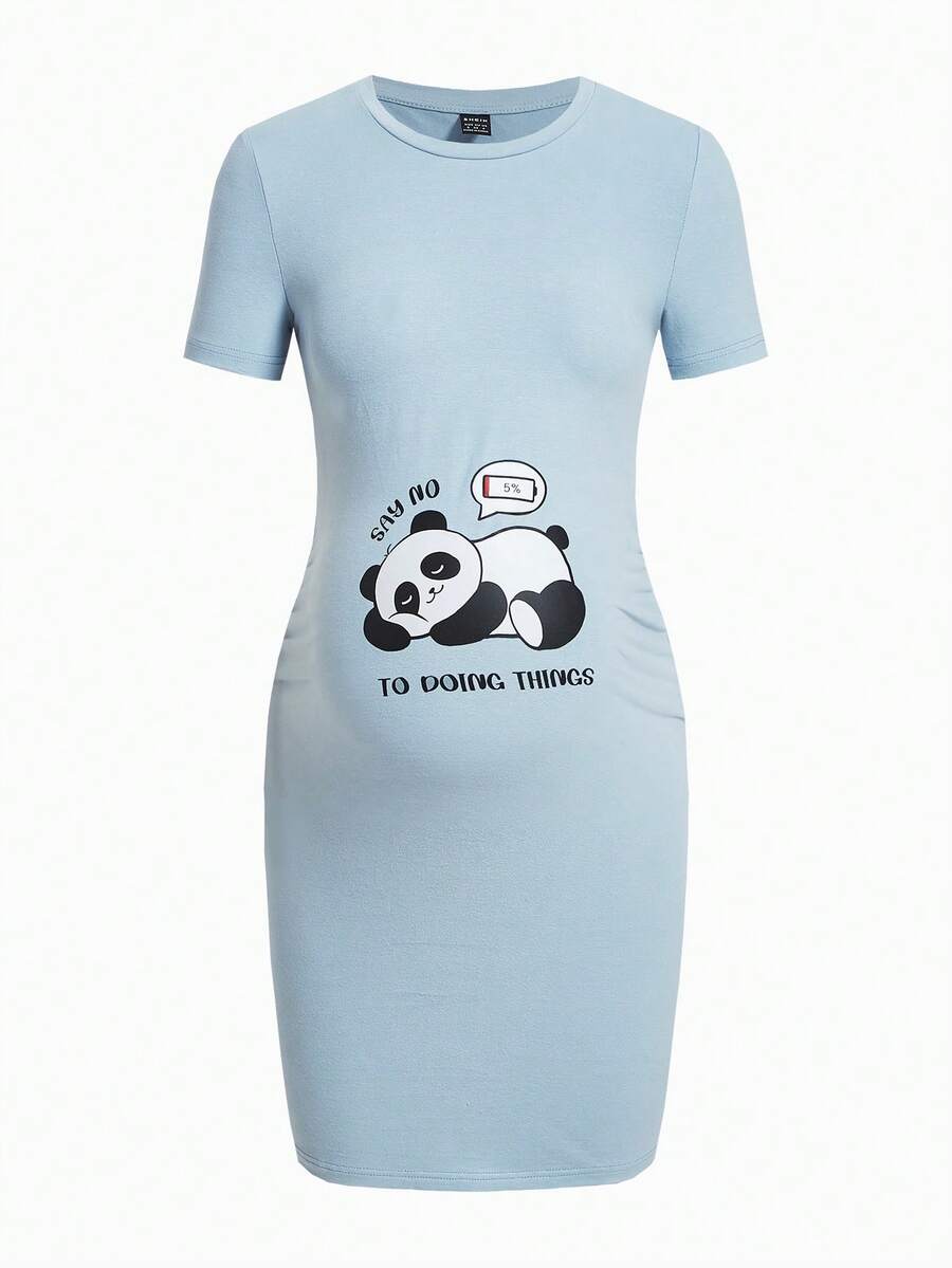 SHEIN Maternity Panda & Slogan Graphic Bodycon Dress - Baby Blue - View 1