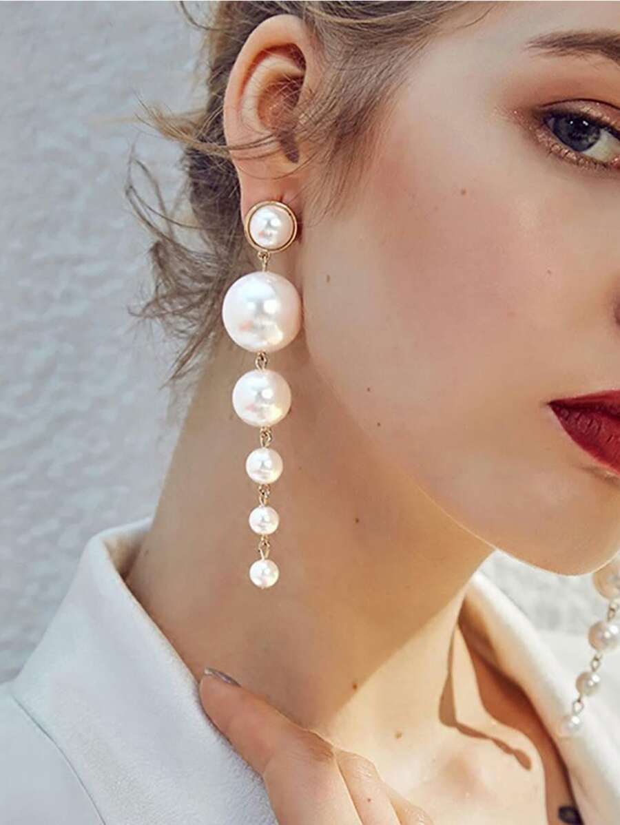 Faux Pearl Decor Drop Earrings - White - View 1